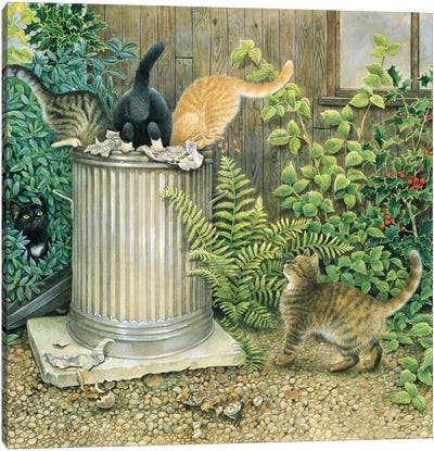 Teamwork In A Neighbouring Dustbin Canvas Art Print - Ivory Cats