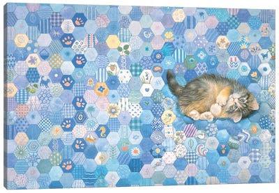 Agneatha On Blue Patchwork Canvas Art Print - Ivory Cats