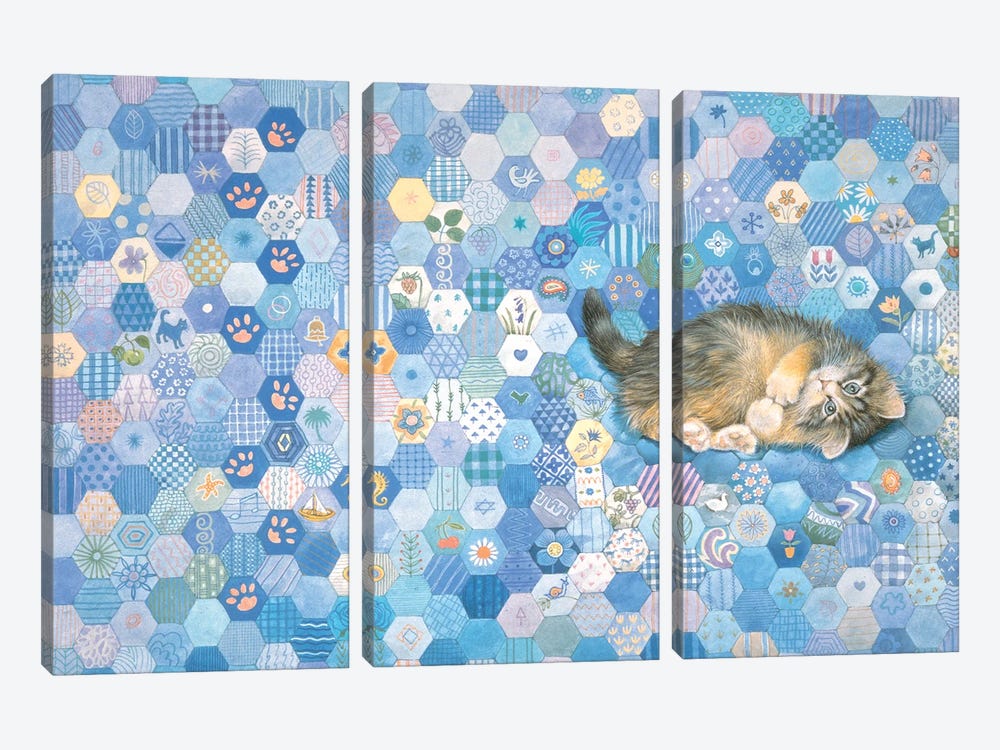 Agneatha On Blue Patchwork by Ivory Cats 3-piece Art Print
