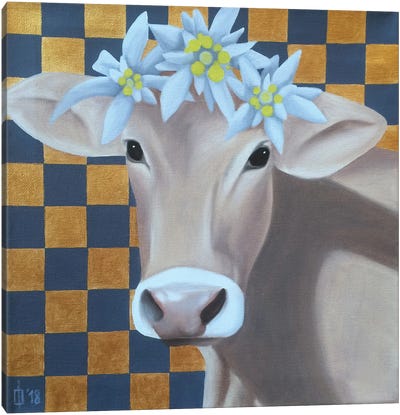 Cow And Edelweiss II Canvas Art Print - Gingham Patterns