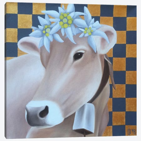 Cow And Edelweiss Canvas Print #IZO12} by Ildze Ose Art Print