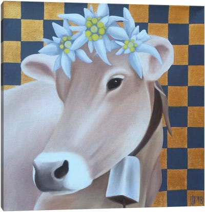Cow And Edelweiss Canvas Art Print - Gingham Patterns