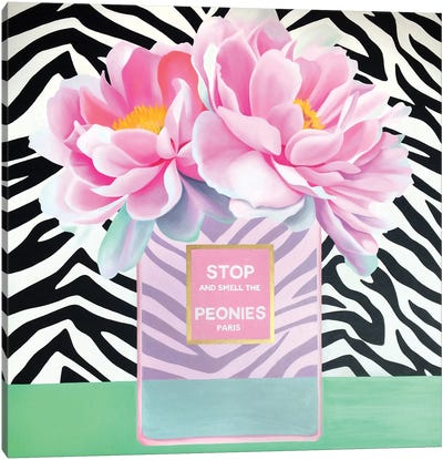 Stop And Smell The Peonies Canvas Art Print - Perfume Bottle Art