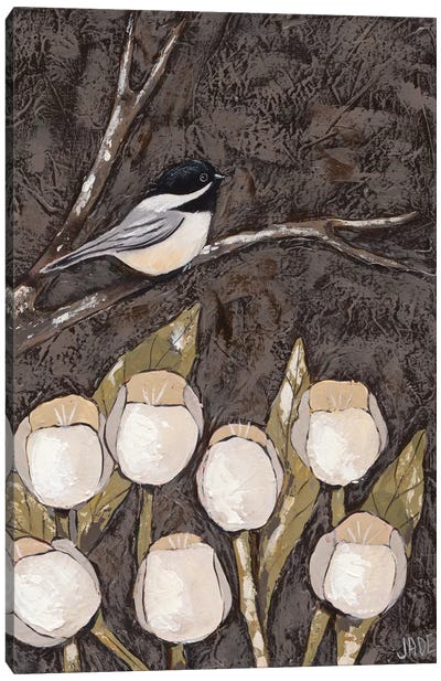 Chickadee & Tulips I Canvas Art Print - Sparrows