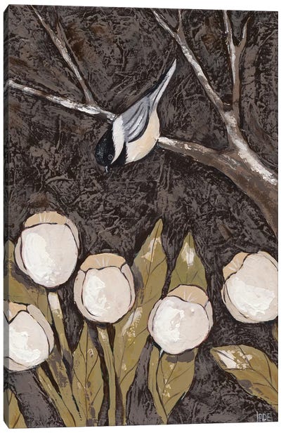 Chickadee & Tulips II Canvas Art Print - Sparrow Art