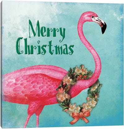 Christmas Flamingo Text Canvas Art Print - Christmas Trees & Wreath Art