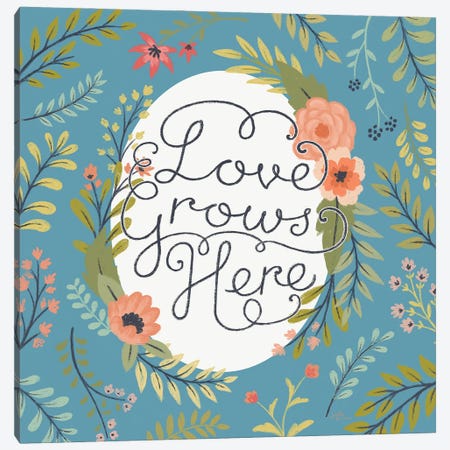Retro Garden II - Love Grows Here Blue Canvas Print #JAP66} by Janelle Penner Canvas Artwork