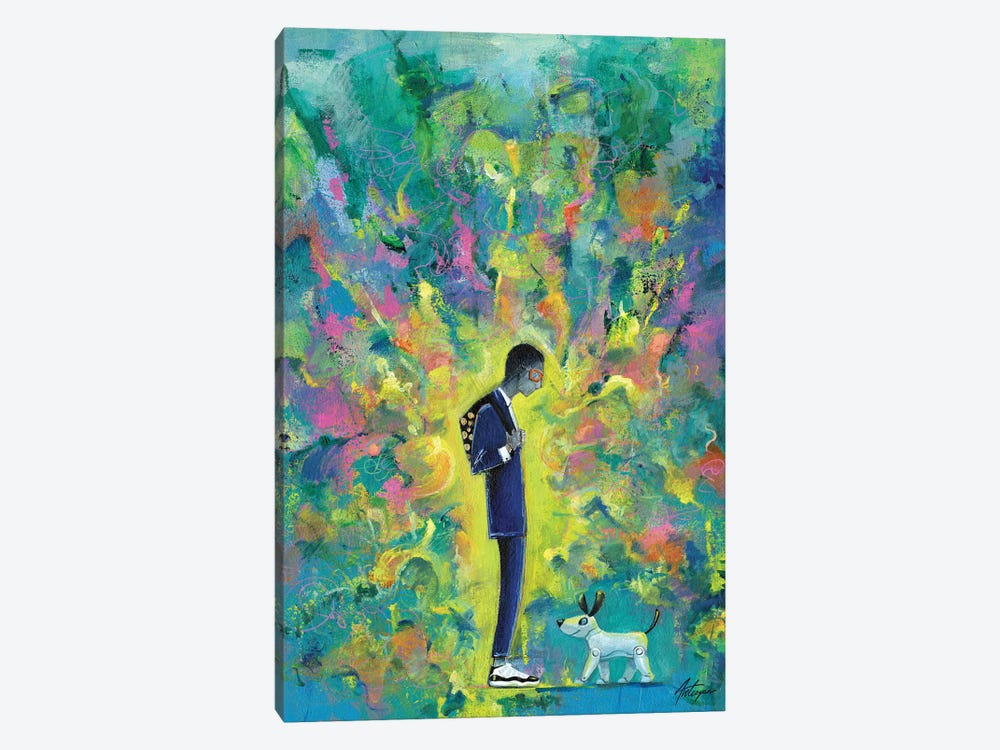 Young Man With Robot Dog 1-piece Art Print
