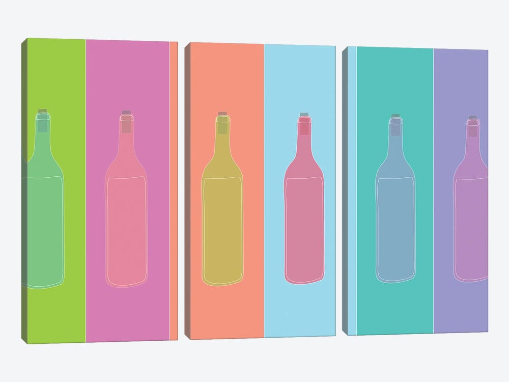 Colorful Mod Wine Bottles by Jen Bucheli 3-piece Canvas Art Print