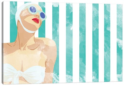 Bathing Beauty On Teal Towel Canvas Art Print - Women's Swimsuit & Bikini Art