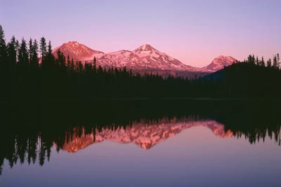 OR, Willamette NF. Sunset reddens the Three Sisters which reflect in Scott Lake. by John Barger framed canvas print