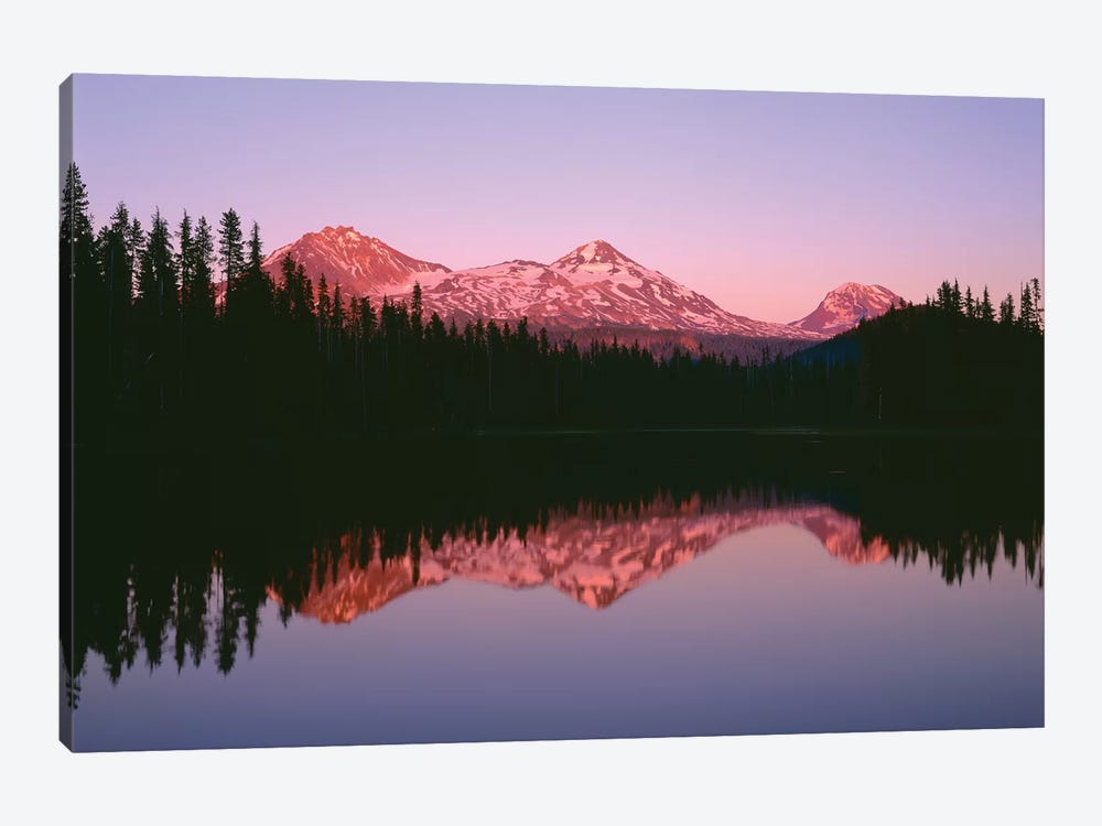 OR, Willamette NF. Sunset reddens the Three Sisters which reflect in Scott Lake. by John Barger 1-piece Canvas Art