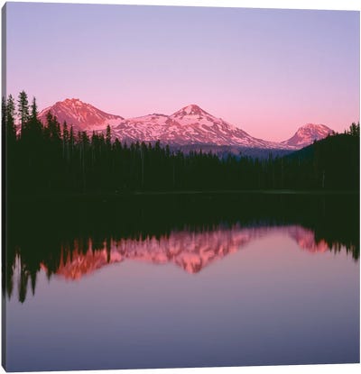 OR, Willamette NF. Sunset reddens the Three Sisters which reflect in Scott Lake. Canvas Art Print - Oregon Art