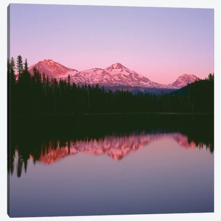 OR, Willamette NF. Sunset reddens the Three Sisters which reflect in Scott Lake. Canvas Print #JBG12} by John Barger Canvas Art Print