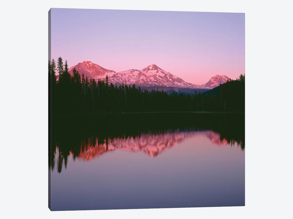 OR, Willamette NF. Sunset reddens the Three Sisters which reflect in Scott Lake. by John Barger 1-piece Canvas Print