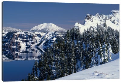 Oregon, Crater Lake National Park. Winter snow accumulates at Crater Lake Canvas Art Print