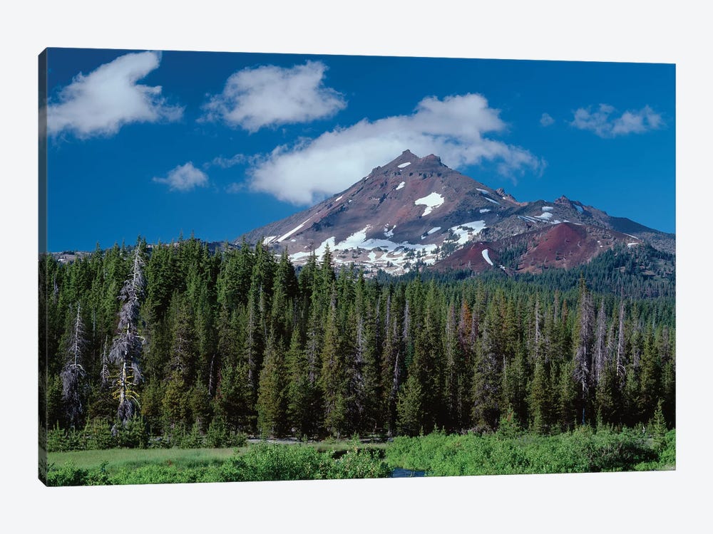 Oregon, Deschutes NF. South side of Broken Top rises above coniferous forest, shrubs and creek. by John Barger 1-piece Canvas Art