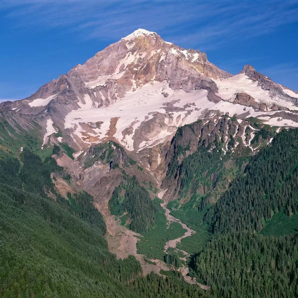 John Barger: Oregon. Mount Hood NF, Mount Hood Wilderness, west side of Mount Hood and densely forested slopes by John Barger