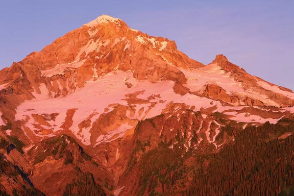 Oregon. Mount Hood NF, Mount Hood Wilderness, west side of Mount Hood reddens at sunset.