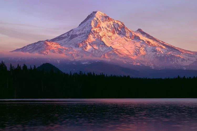 Oregon. Mount Hood NF, sunset light reddens north side of Mount Hood with first snow of autumn