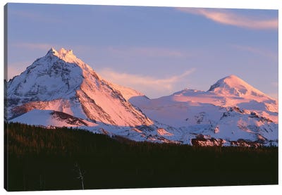 Oregon. Three Sisters Wilderness, sunset light on North and Middle Sister with autumn snow Canvas Art Print