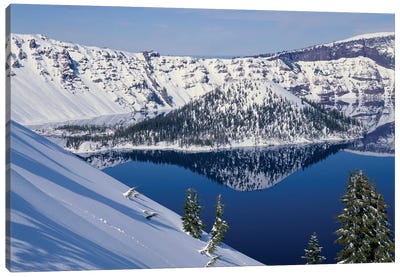 USA, Oregon, Crater Lake National Park. Winter snow on west rim of Crater Lake and Wizard Island. Canvas Art Print - Crater Lake National Park Art