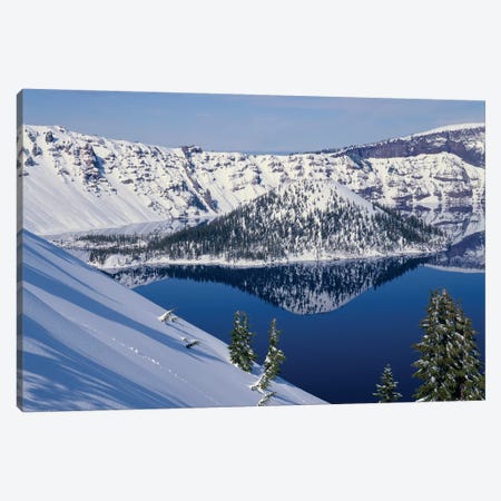 USA, Oregon, Crater Lake National Park. Winter snow on west rim of Crater Lake and Wizard Island. Canvas Print #JBG25} by John Barger Art Print