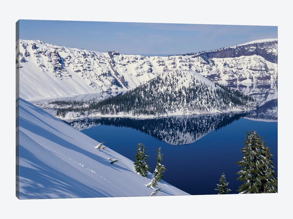 USA, Oregon, Crater Lake National Park. Winter snow on west rim of Crater Lake and Wizard Island. by John Barger 1-piece Canvas Art Print