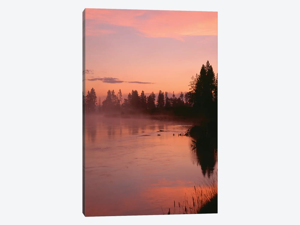 USA, Oregon, Deschutes National Forest. Fog hovers above the Deschutes River at sunrise. by John Barger 1-piece Art Print