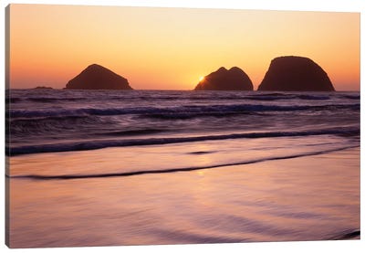 USA, Oregon, Oceanside Beach State Wayside. Sunset over Three Arch Rocks. Canvas Art Print