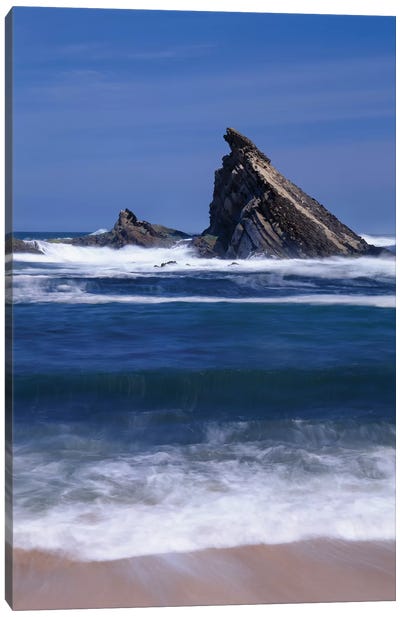 USA, Oregon, Shore Acres State Park. Incoming surf and tilted, sandstone sea stack. Canvas Art Print