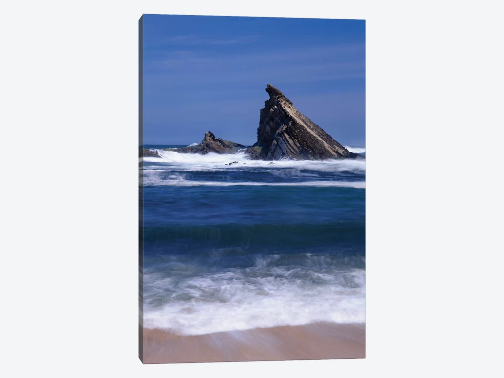 USA, Oregon, Shore Acres State Park. Incoming surf and tilted, sandstone sea stack. by John Barger 1-piece Art Print