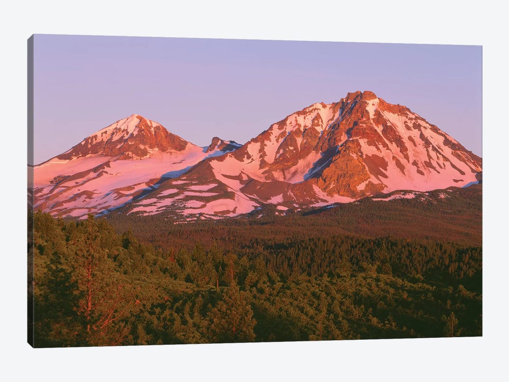 OR, Deschutes NF. Sunrise reddens Middle Sister and North Sister in the Three Sisters Wilderness. by John Barger 1-piece Art Print