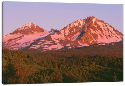 OR, Deschutes NF. Sunrise reddens Middle Sister and North Sister in the Three Sisters Wilderness. Canvas Art Print - Oregon Art