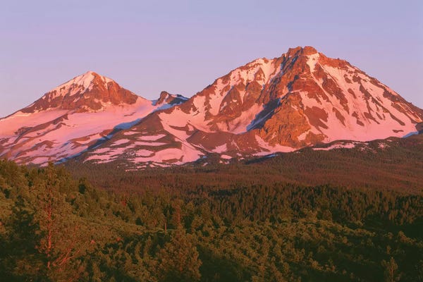 John Barger: OR, Deschutes NF. Sunrise reddens Middle Sister and North Sister in the Three Sisters Wilderness. by John Barger