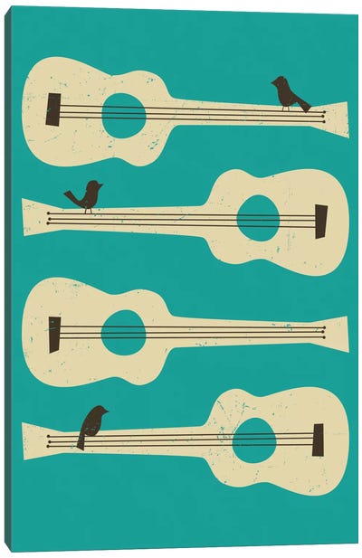 Birds On A Guitar (Blue) Canvas Art Print - Orange, Teal & Espresso Art