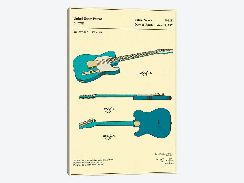 C.L. Fender Guitar Patent by Jazzberry Blue 1-piece Art Print