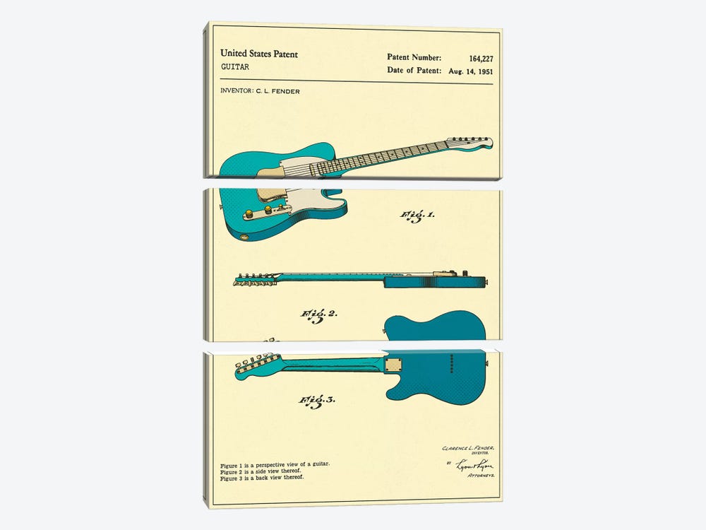 C.L. Fender Guitar Patent by Jazzberry Blue 3-piece Canvas Print