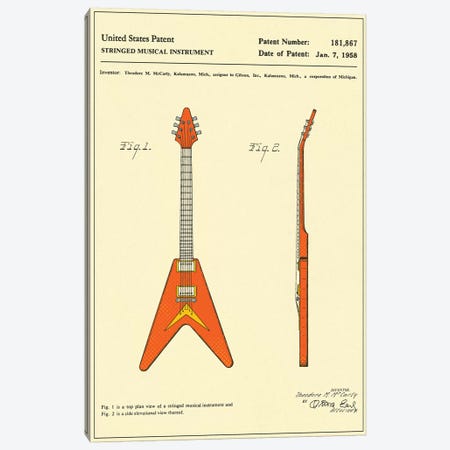 T.M. McCarty (Gibson) Stringed Musical Instrument ("Flying V") Patent Canvas Print #JBL146} by Jazzberry Blue Canvas Print