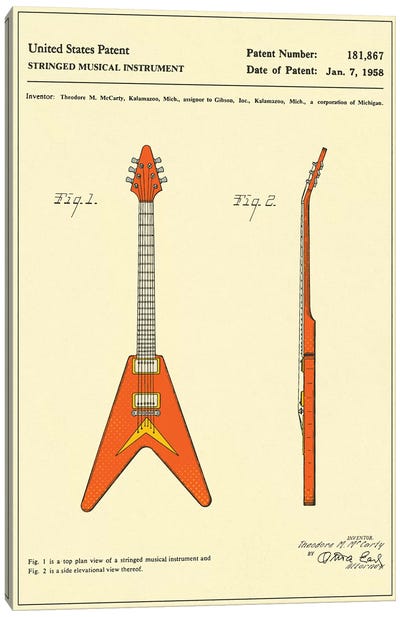 T.M. McCarty (Gibson) Stringed Musical Instrument ("Flying V") Patent Canvas Art Print - Jazzberry Blue