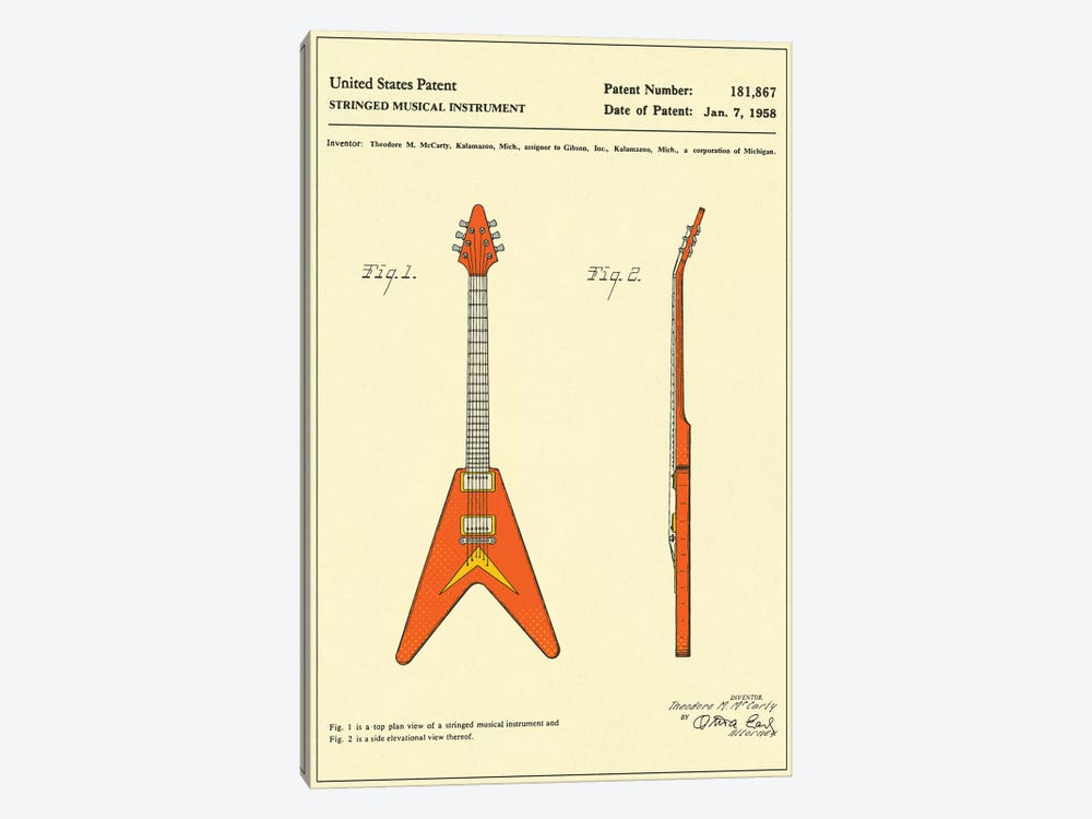T.M. McCarty (Gibson) Stringed Musical Instrument ("Flying V") Patent by Jazzberry Blue 1-piece Canvas Wall Art