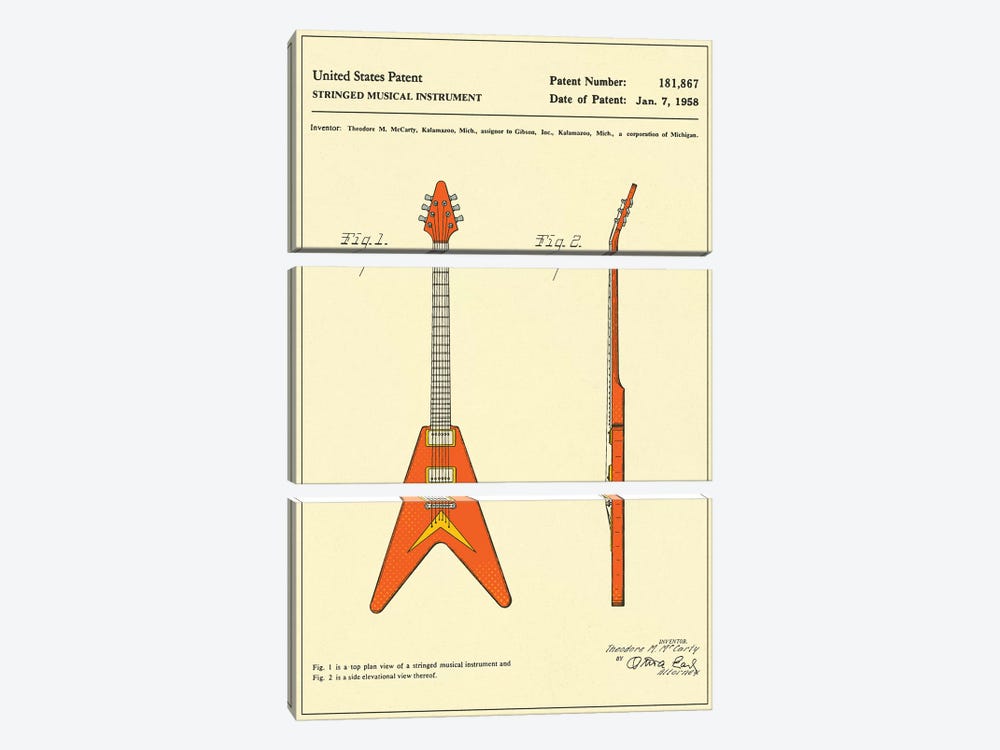 T.M. McCarty (Gibson) Stringed Musical Instrument ("Flying V") Patent by Jazzberry Blue 3-piece Canvas Wall Art