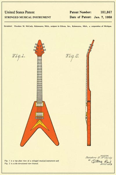 Jazzberry Blue: T.M. McCarty (Gibson) Stringed Musical Instrument ("Flying V") Patent by Jazzberry Blue