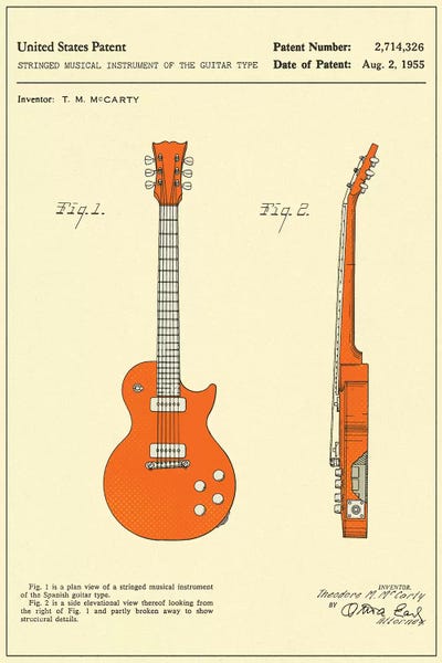 Music Blueprints: T.M. McCarty (Gibson) Stringed Musical Instrument Of The Guitar Type ("Les Paul") Patent by Jazzberry Blue