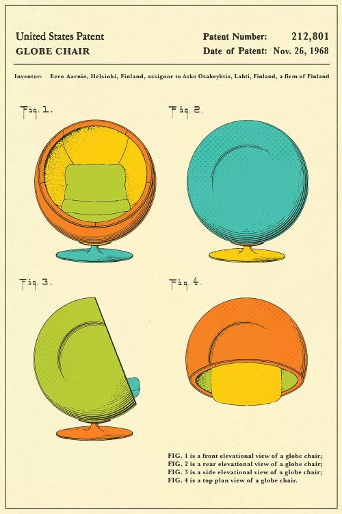 Eero Aarnio (ASKO) Globe Chair Patent by Jazzberry Blue wall art