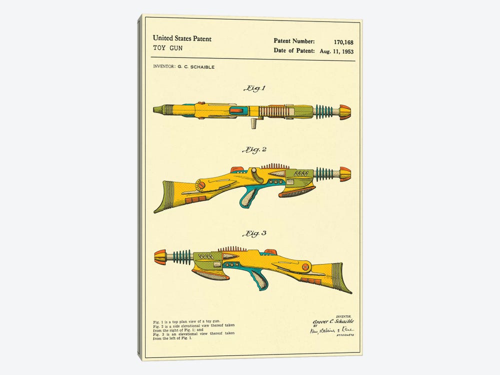 G.C. Schaible Toy Gun ("Pyrotomic Disintegrator Rifle") Patent by Jazzberry Blue 1-piece Canvas Art