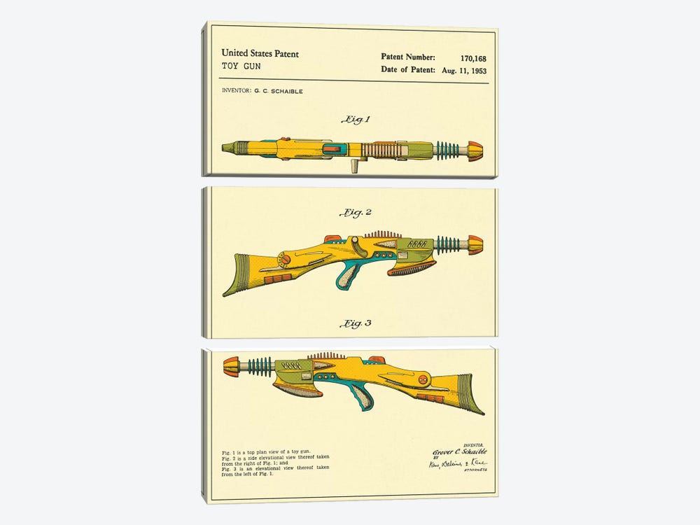 G.C. Schaible Toy Gun ("Pyrotomic Disintegrator Rifle") Patent 3-piece Canvas Artwork