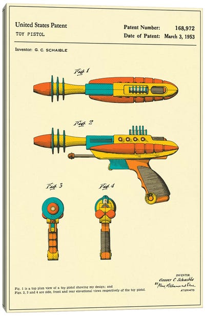 G.C. Schaible Toy Pistol ("Pyrotomic Disintegrator") Patent Canvas Art Print - Toy & Game Blueprints