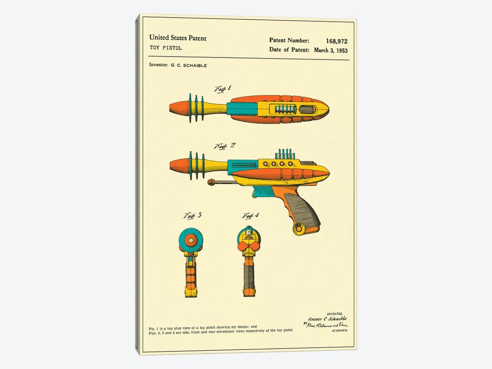 G.C. Schaible Toy Pistol ("Pyrotomic Disintegrator") Patent by Jazzberry Blue 1-piece Canvas Print