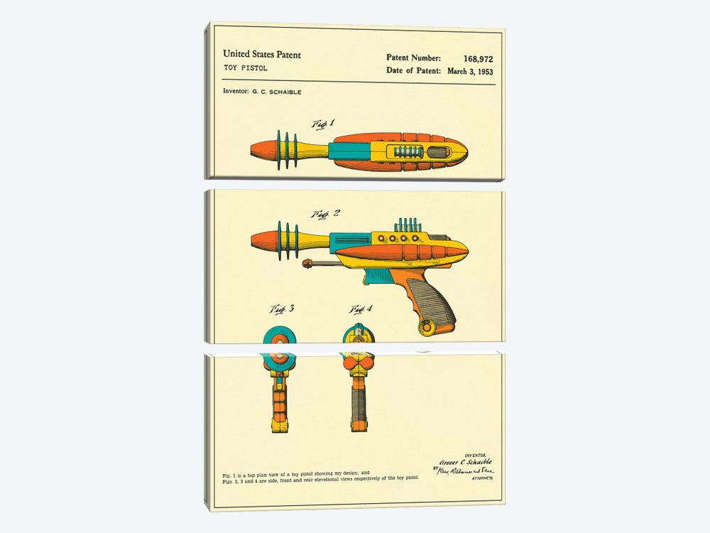 G.C. Schaible Toy Pistol ("Pyrotomic Disintegrator") Patent 3-piece Art Print